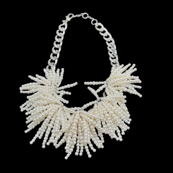 Banana Republic Statement Faux Pearl Beaded Fringe Necklace Silver Chain - Picture 1 of 7